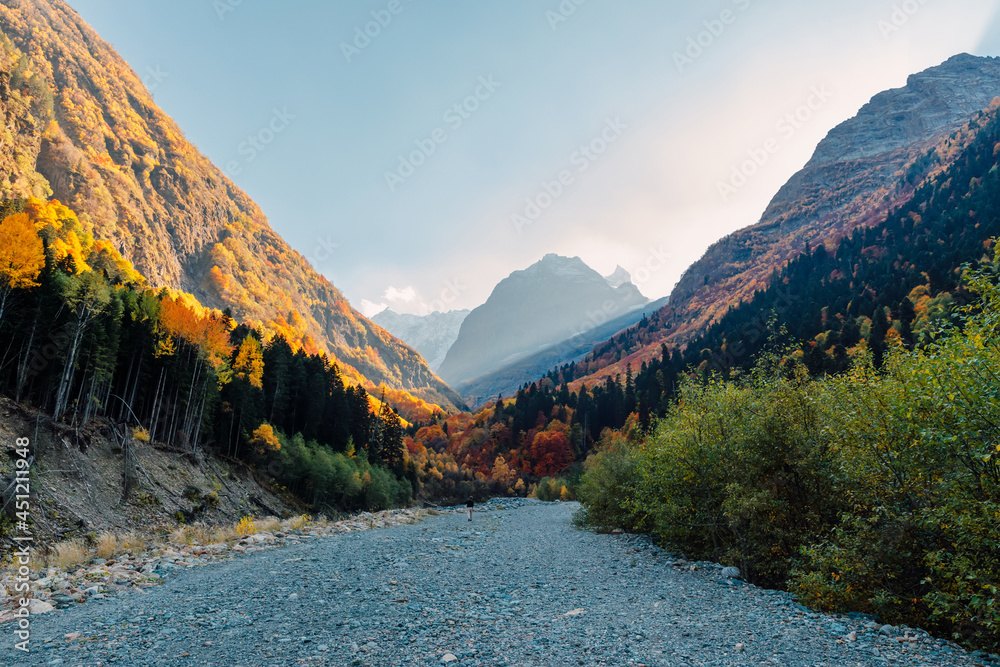 Mountains and autumnal trees. High mountain landscape with river