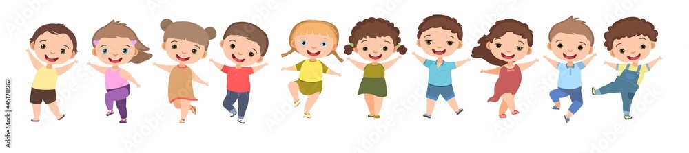 Children dance joy. Happy childhood. Little boys and girls. Kid is jumping for joy at the party. Nice kid. Cartoon style. Isolated on white background. Vector