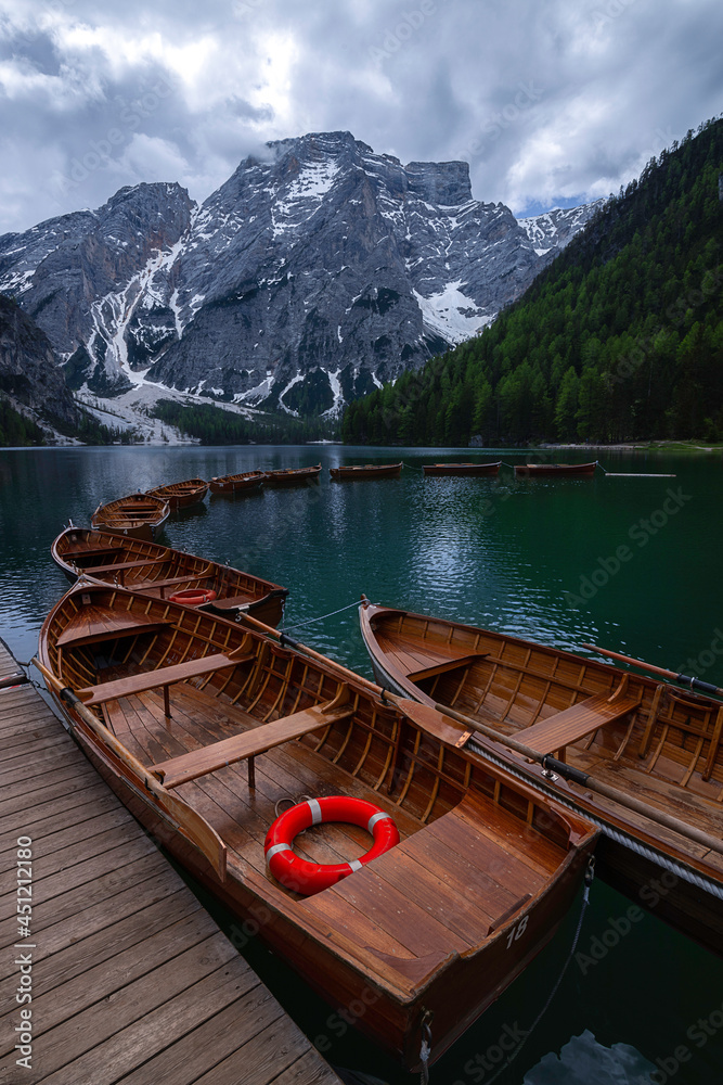 Typical boats the water at Lake Braies in the Dolomites, near Cortina D'Ampezzo