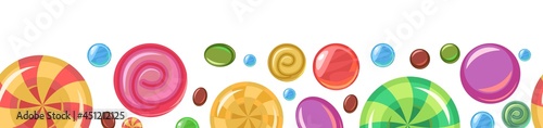 Sweets and scattered. Assorted dessert interspersed. Candy caramel. Seamless. Bottom seamless border. Flat Background illustration. Vector