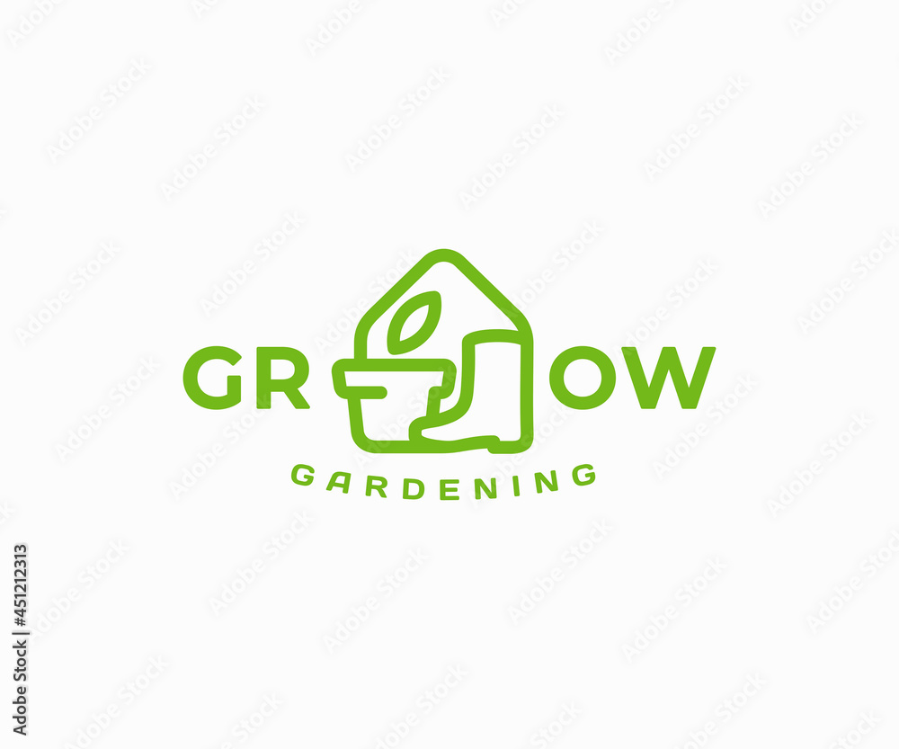 Indoor gardening logo design. Home gardening and horticulture vector design. House pot plants and garden boots logotype 
