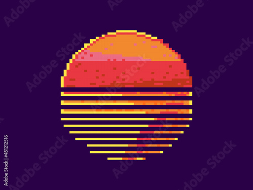 Pixel art 80s sunset. 8-bit sun synthwave and retrowave style. Design for printing, wrapping paper and advertising. Vector illustration
