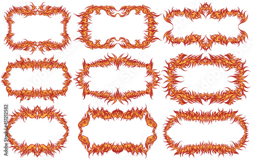 Fiery frames. Design set. Editable hand drawn illustration. Vector engraving. Isolated on white background. 8 EPS