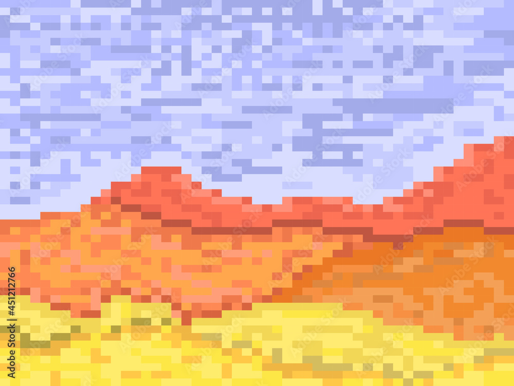 Fototapeta premium Pixel desert landscape with sand dunes. Retro 8-bit video game of the 90s in 2D. Pixel art design for games, apps, banners and posters. Vector illustration