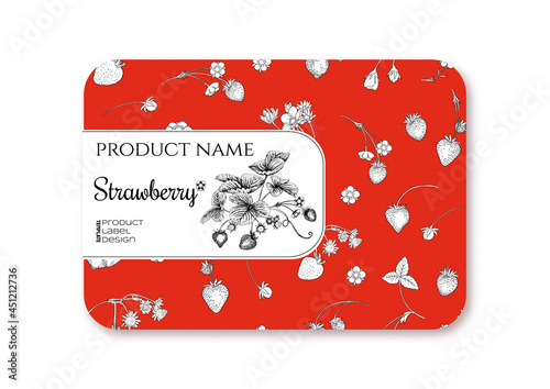 Strawberry. Ripe berries. Template for product label, cosmetic packaging. Easy to edit. Graphic drawing, engraving style. Vector illustration..