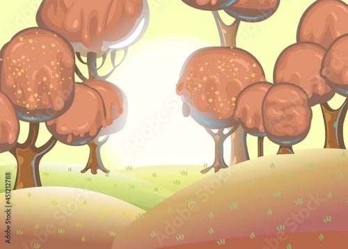 Chocolate trees landscape. Fairy tale garden. Summer fantasy scene. Perspiration. Cartoon style. Sun. Childrens dream isolated illustration. Vector