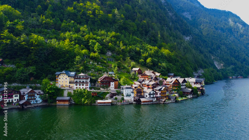 Famous village of Hallstatt in Austria - a World Heritage site - travel photography by drone