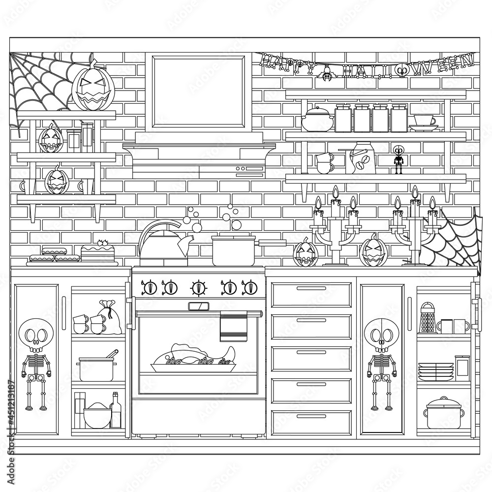Kitchen coloring book prepared for the celebration of Halloween. Vector illustration on the theme of the interior.