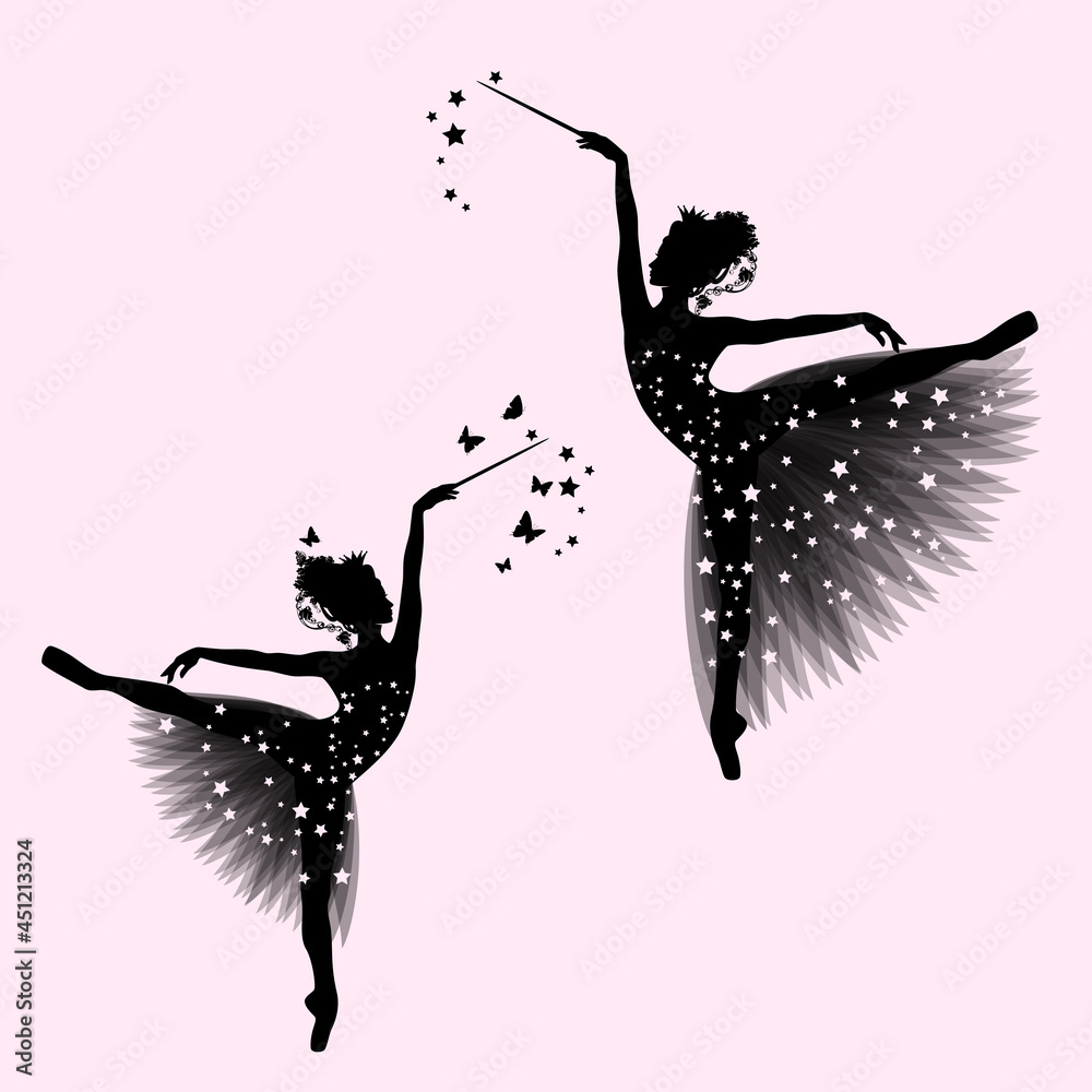 graceful ballerina girl with transparent tutu dress, royal crown and magic  wand standing on pointe shoes - fairy tale godmother or princess vector  silhouette Stock Vector | Adobe Stock
