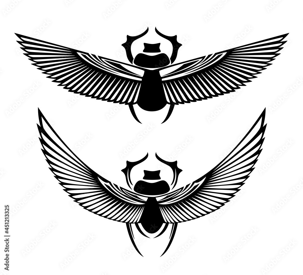 Naklejka sacred scarab beetle with spread wings black and white vector design set - ancient Egyptian symbol of rising sun and god Ra