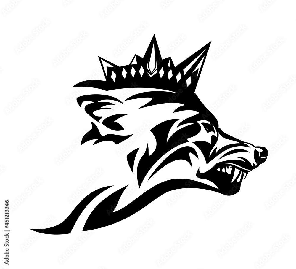Obraz premium snarling wolf wearing king crown - royal animal head black and white vector profile portrait
