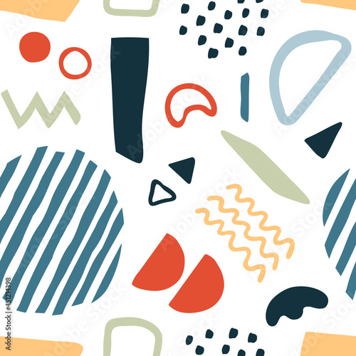 Seamless pattern with abstract organic shapes, stains, lines. Colorful vector elements in doodle style for background, wallpaper, textile, cover, banner, card. Simple, fun design. Modern graphic 