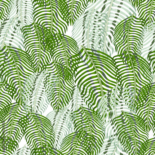 Natural seamless pattern with fern silhouettes foliage ornament. Random green and blue leaves print.