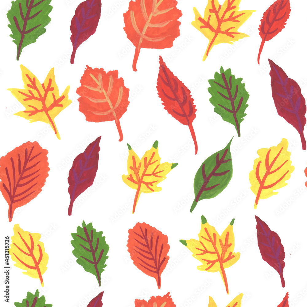 Seamless pattern with colorful leaves on white background
