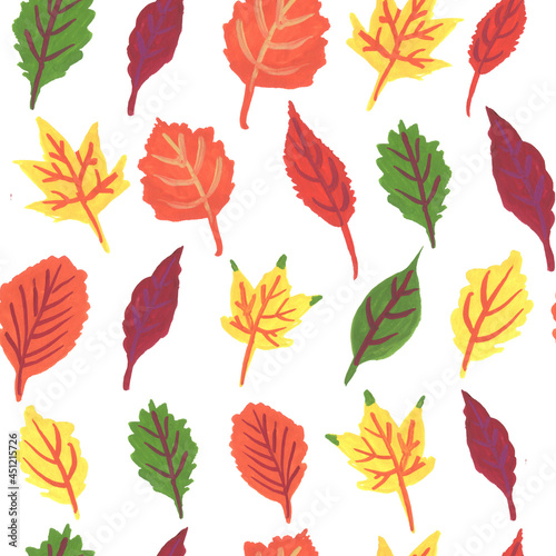 Seamless pattern with colorful leaves on white background