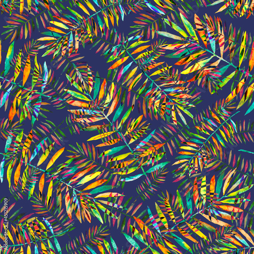Watercolor seamless pattern with colorful abstract tropical leaves. Bright summer print with exotic plants. Creative trendy botanical textile design.	