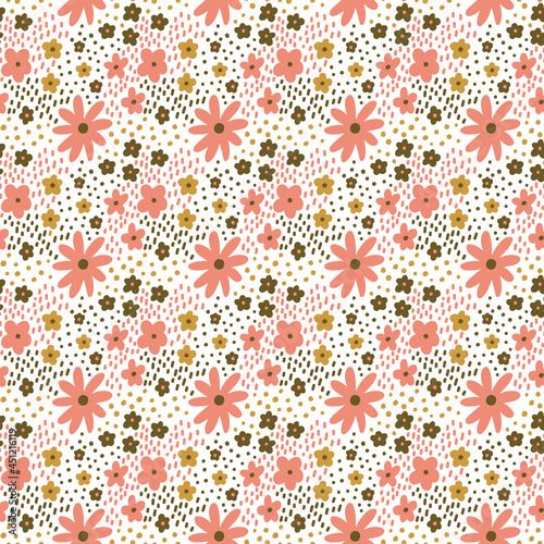 Ditsy floral vector seamless pattern. Small pink green meadow flowers on white background. Tiny wildflower template. Millefleur style texture for nursery, fashion print, textile, wrap, gift paper
