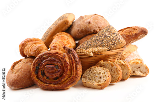 bread and pastries on white background