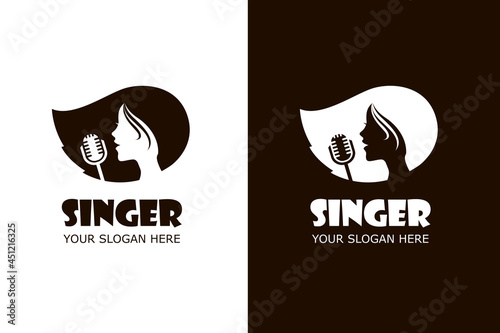 icons with singing woman and microphone isolated on white and black background