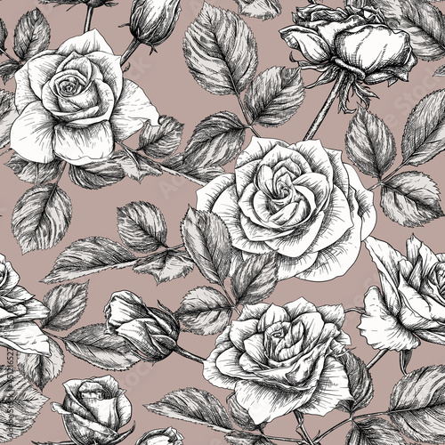 Wallpaper Mural Seamless pattern with roses flowers. Colored vector illustration. In beige vintage colors Torontodigital.ca