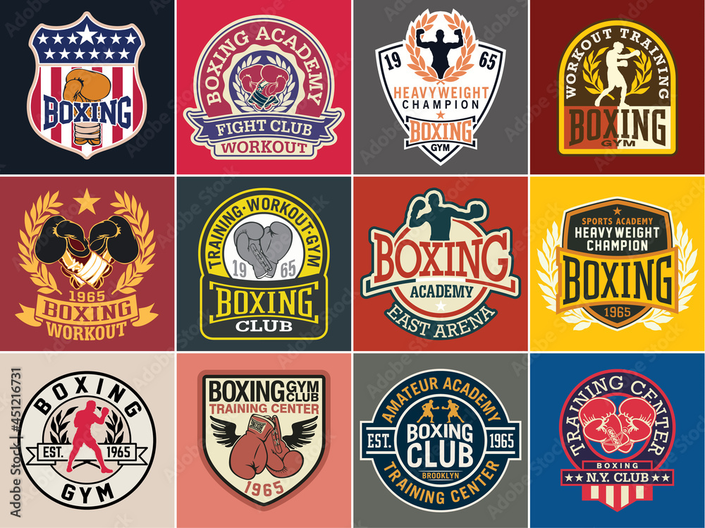 Boxing academy badges and symbols collection  vector set of  different patches for sports wear print  embroidery label sticker