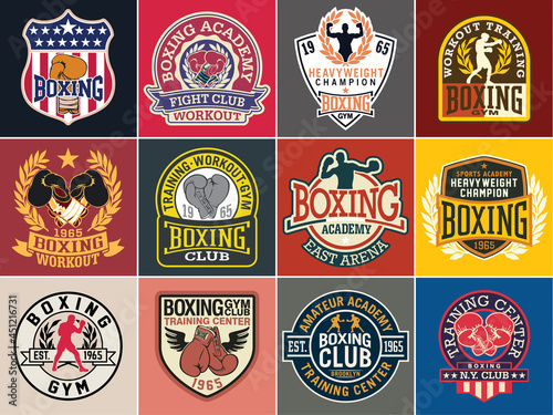 Boxing academy badges and symbols collection  vector set of  different patches for sports wear print  embroidery label sticker photo