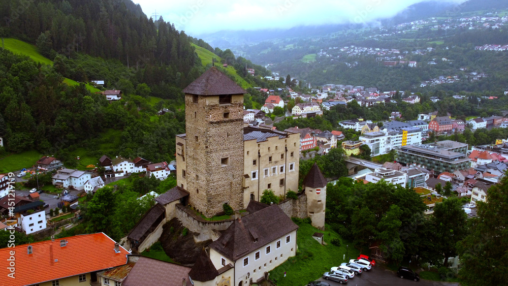 Village of Landeck in Austria with Landeck Castle - aerial view - travel photography by drone
