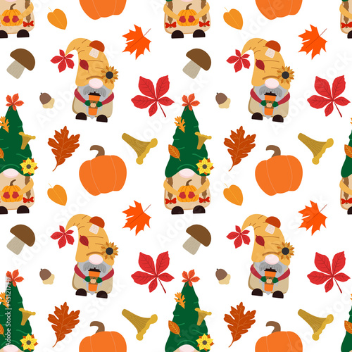 Cartoon fall vector seamless pattern with gnomes, orange pumpkins, coffee cup, forest mushrooms, dry fallen leaves. Isolated on white background.