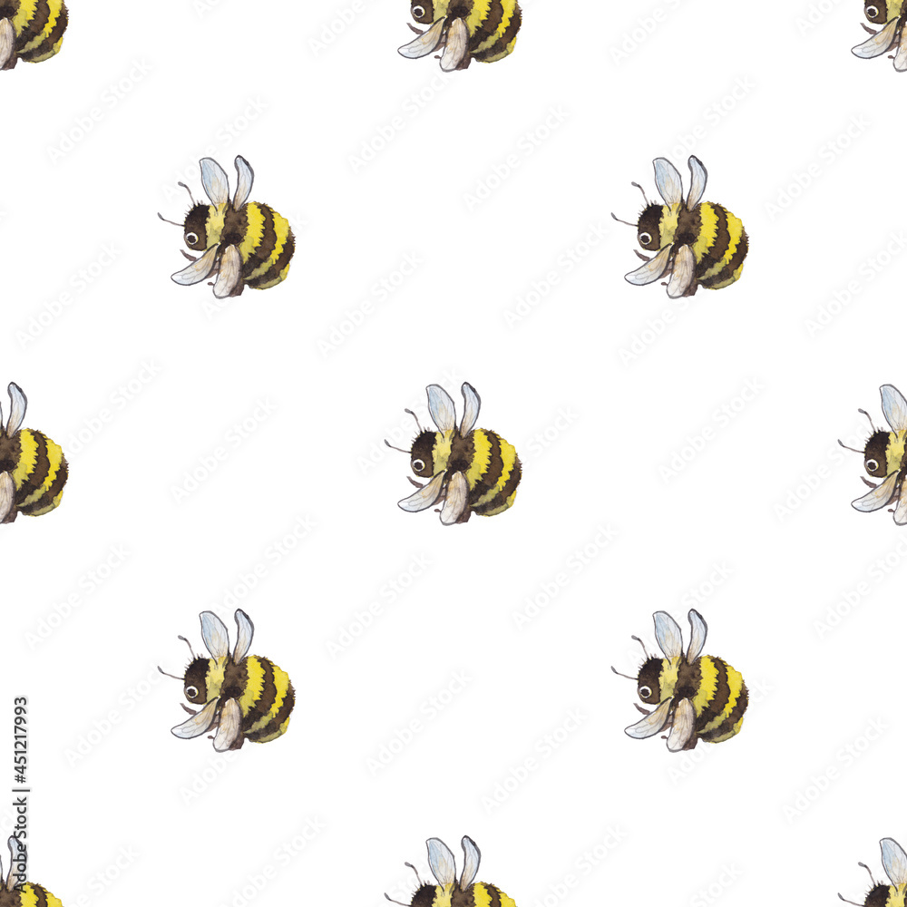 watercolor seamless pattern with bumblebee