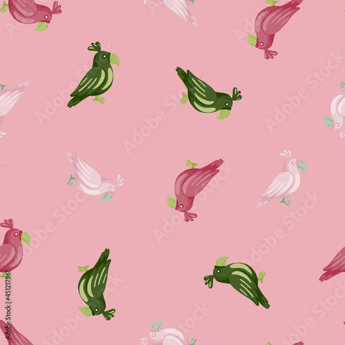 Seamless pattern with random pink  white and green parrots elements. Pastel pink background.