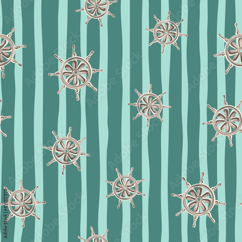 Random grey ship wheel elements seamless doodle pattern. Blue striped background. Hand drawn style.