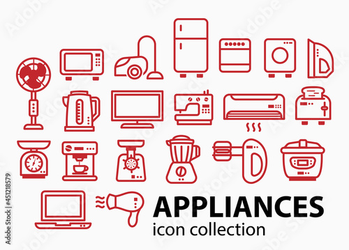 Modern minimalist home appliance store licon set. 20 different elements of household appliances.
