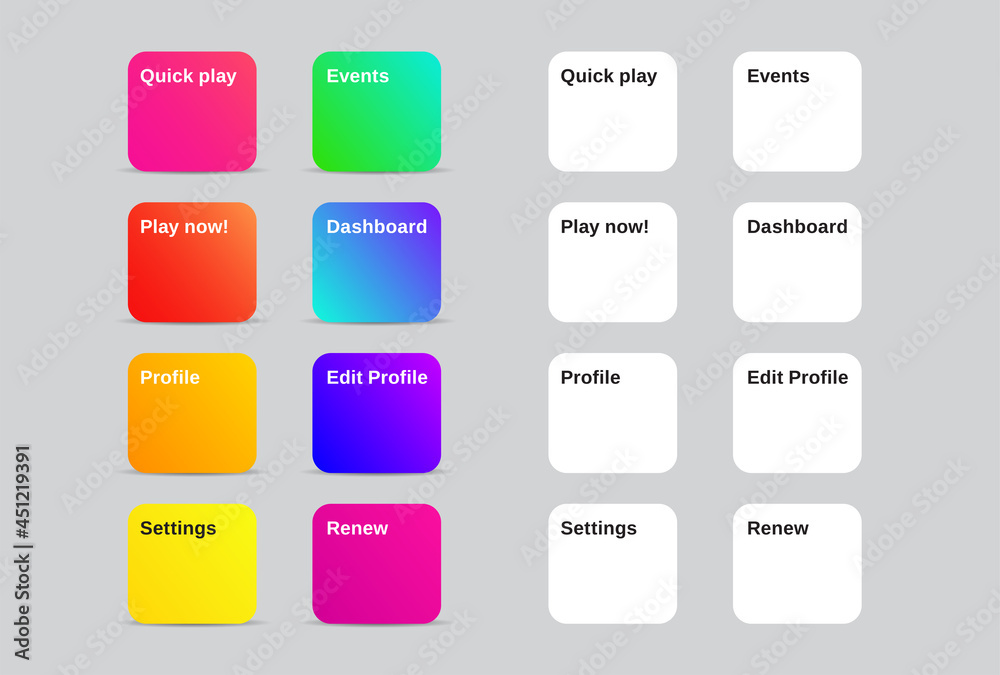 Set of Square Modern Gradient App, Website page or Game Buttons. Trendy gradient colors. Flat design. Set of Square Modern Gradient App, Website page or Game Buttons. Trendy gradient colors. Flat design.