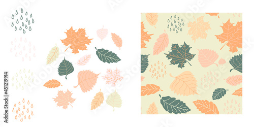 Set of autumn leaves and raindrops. Seamless pattern of  fall  leaves. Vector collection. Perfect for printing on the fabric, design package and cover
