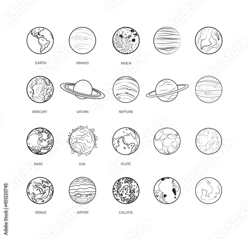 Collection of linear planets. Sketch style icons.