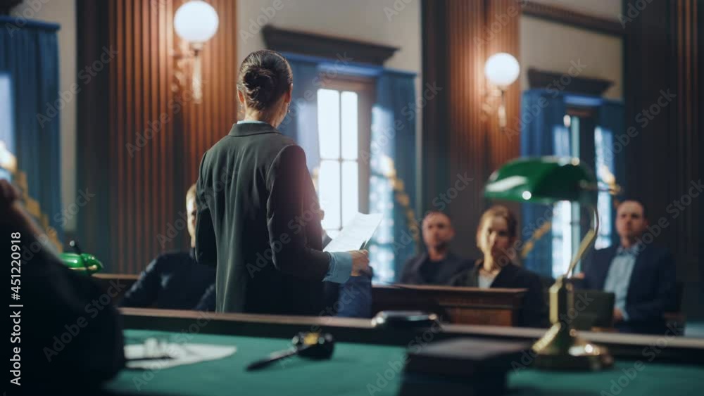 Court of Justice and Law Trial Female Public Defender Presenting Case