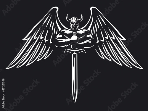 A muscular bearded man with wings in a helmet holds and sword 