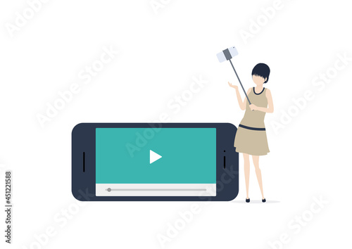 YouTubeでライブ配信を行う若い女性のイラスト素材｜mayucolor02