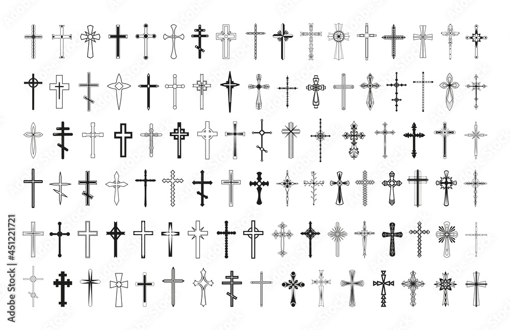 Fototapeta premium Collection of monochrome crosses in a linear style.