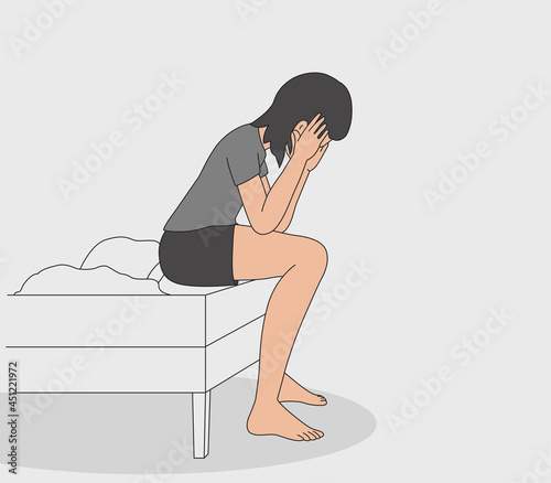 Upset girl. The woman sits on the edge of the bed and holds onto her head, a girl has a headache. Vector illustration