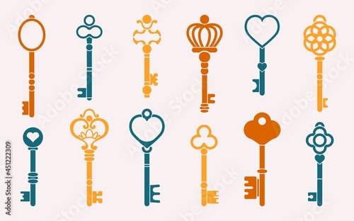 Keys collection. Antic and modern home and office keys silhouettes and forms, key logo graphic template. Vector isolated set