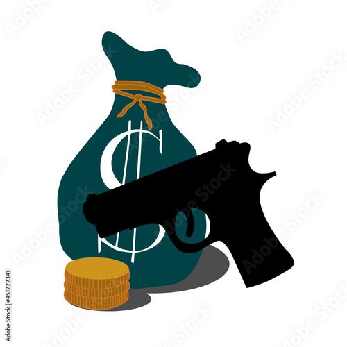 A symbol with a money bag and a weapon. Vector illustration of a robbery.