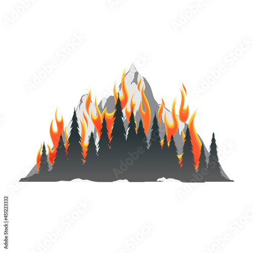 Burning forest trees against the background of mountains. Trees and mountains in gray tones, fire in color. Flat vector illustration  photo