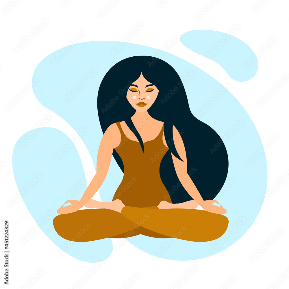 Girl in meditation on a background of blue clouds in a flat style. Healthy lifestyle, self-care. Vector illustration. 
