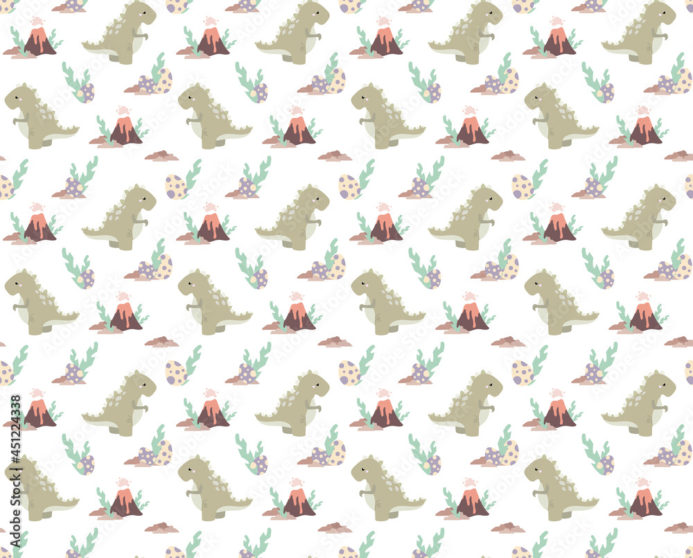Seamless pattern with tyrannosaurus in cartoon style.