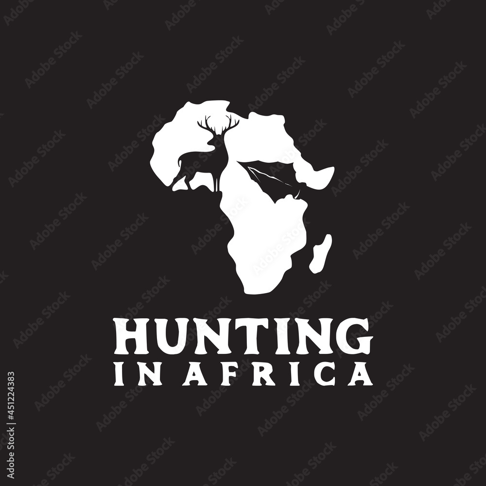 Africa map outline, deer and spear hunter logo design