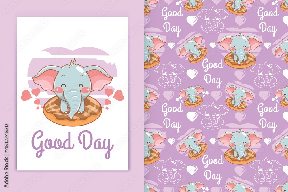 cute baby elephant with donuts cartoon illustration and seamless pattern set
