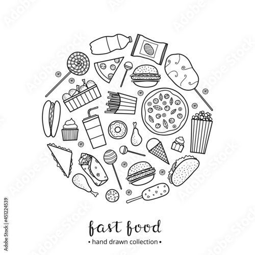 Hand drawn fast food in circle.