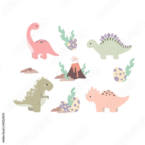 Cute dinosaurs set in cartoon style  brachiosaurus  stegosaurus  triceratops and tyrannosaurus.