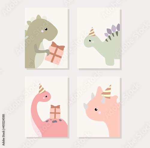 Set of postcards with dinosaurs in cartoon style: brachiosaurus, stegosaurus, triceratops and tyrannosaurus.